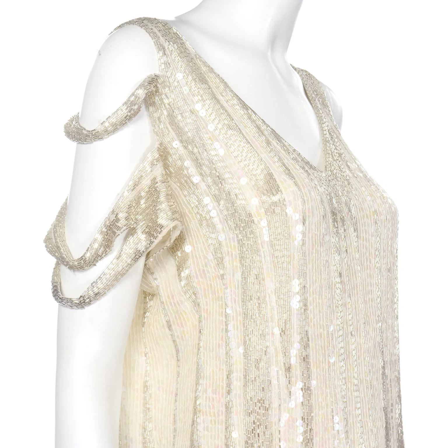 1920s Flapper Inspired Beaded Ivory & Silver Silk Evening Dress