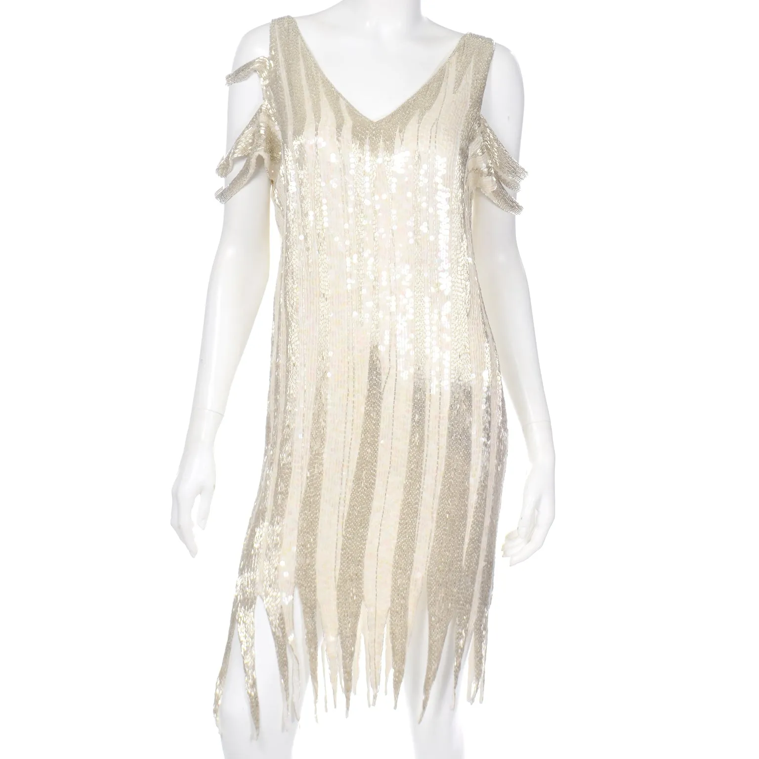 1920s Flapper Inspired Beaded Ivory & Silver Silk Evening Dress