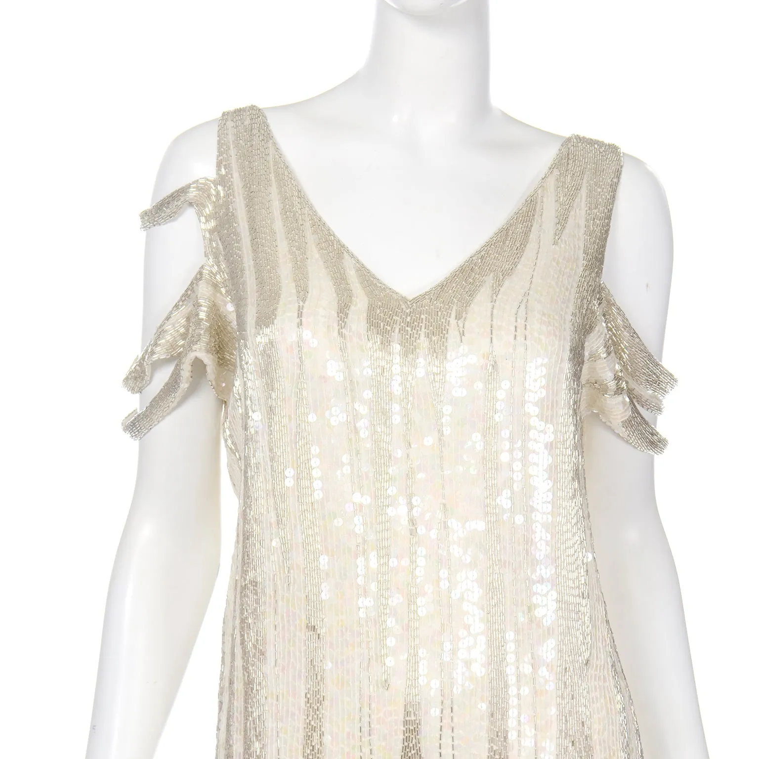 1920s Flapper Inspired Beaded Ivory & Silver Silk Evening Dress