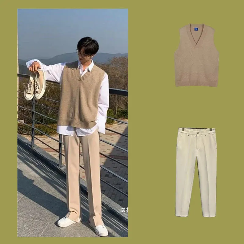 Aidase Autumn Sweater Vest Suits Men's Elegant Casual Set Handsome New Long Sleeve Shirt  V-neck Vet Khaki Trousers 3pcs/2pcs Set