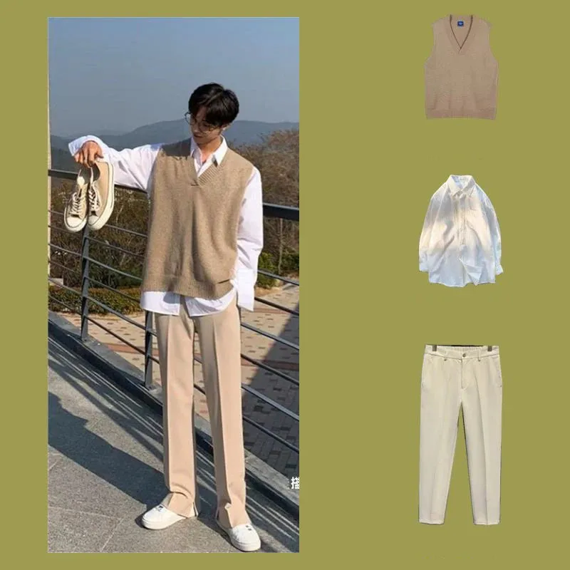 Aidase Autumn Sweater Vest Suits Men's Elegant Casual Set Handsome New Long Sleeve Shirt  V-neck Vet Khaki Trousers 3pcs/2pcs Set