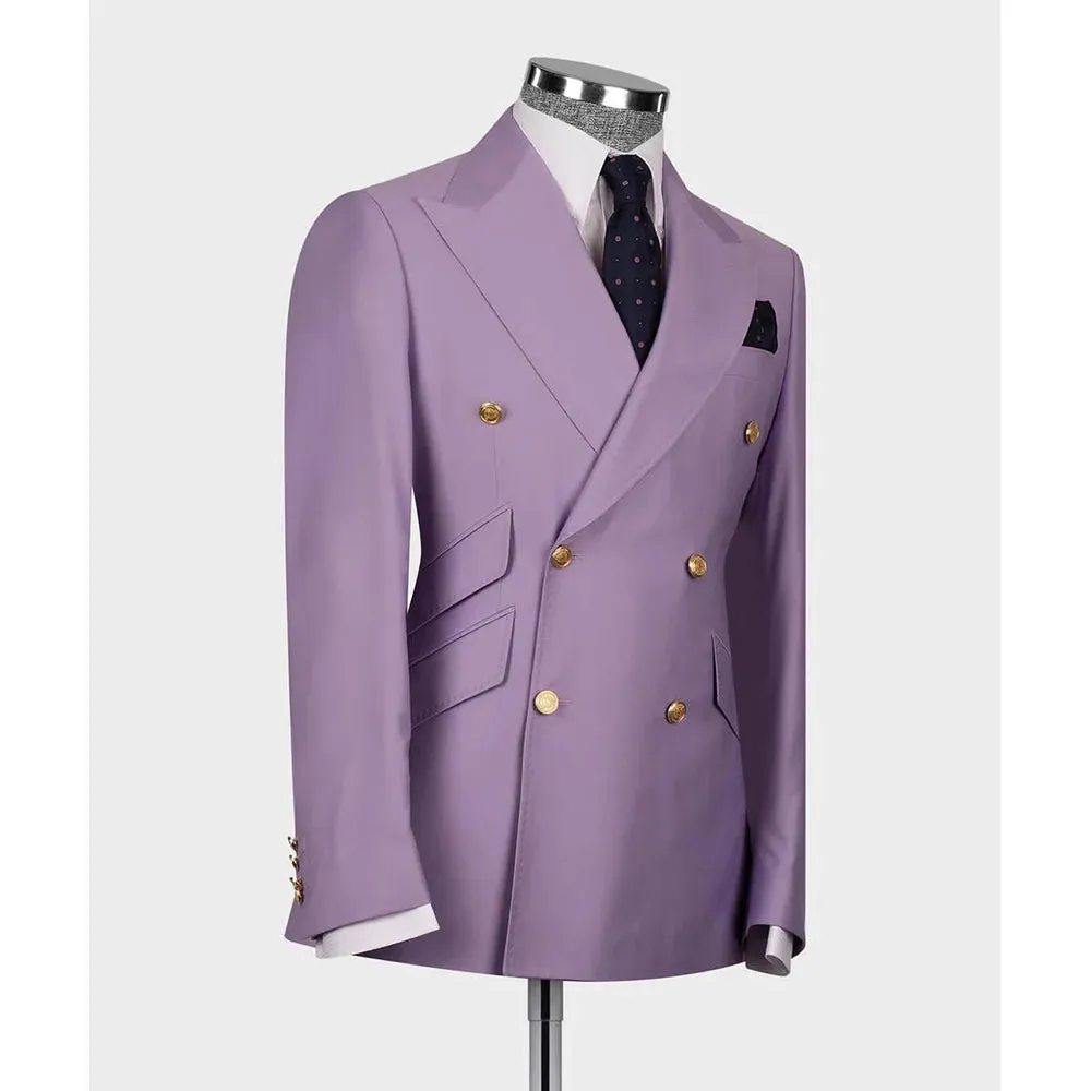 Aidase Elegant Purple Men Suits Double Breasted Peak Lapel Male Clothing Luxury Wedding Groom 2 Piece Jacket Pants Sets Full Set Terno