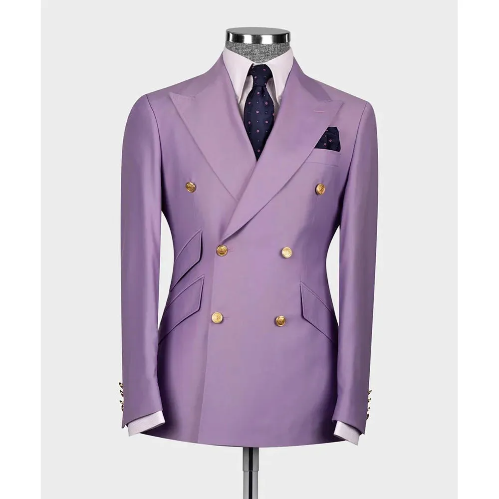 Aidase Elegant Purple Men Suits Double Breasted Peak Lapel Male Clothing Luxury Wedding Groom 2 Piece Jacket Pants Sets Full Set Terno