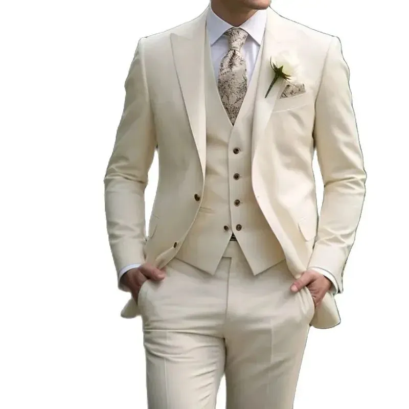 Aidase High Quality Elegant Wedding Men Suits Solid Color Peak Lapel Single Breasted Formal Blazer Bespoke 3 Piece Jacket Pants Vest