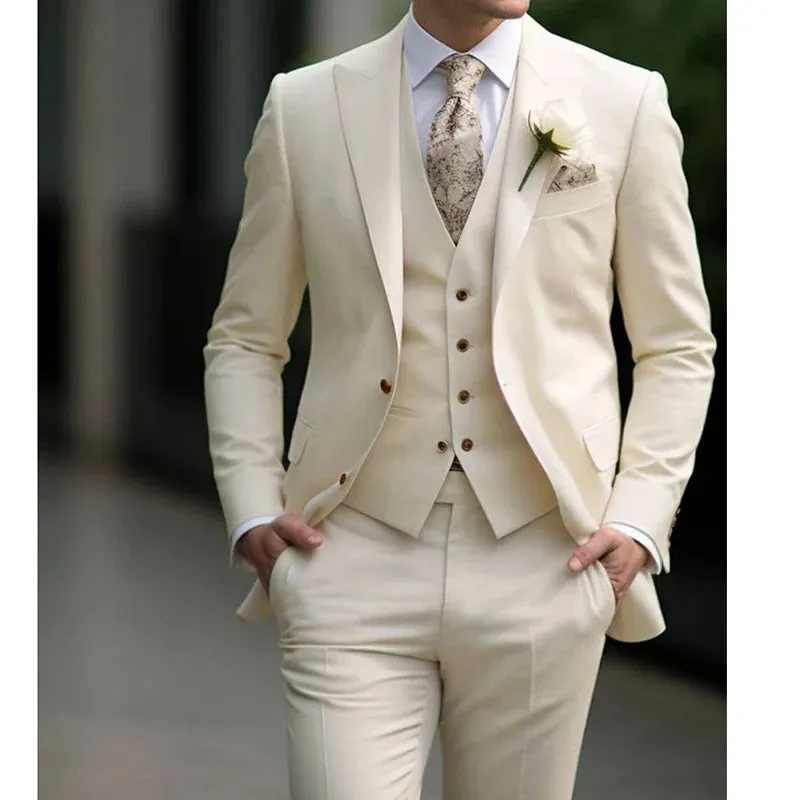 Aidase High Quality Elegant Wedding Men Suits Solid Color Peak Lapel Single Breasted Formal Blazer Bespoke 3 Piece Jacket Pants Vest