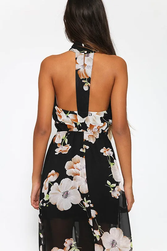 Backless Print Irregular Long Dress