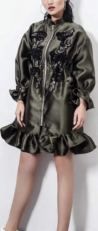 Bead-Embellished Embroidered Ruffled Satin Coat