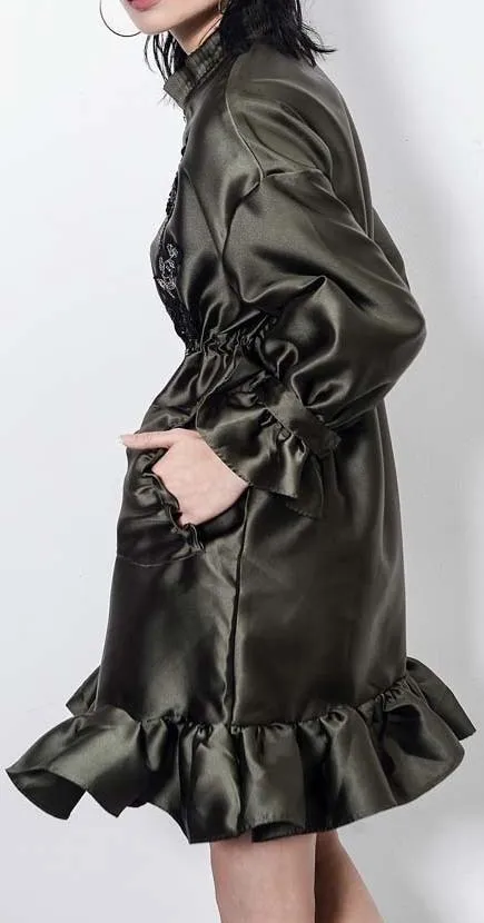 Bead-Embellished Embroidered Ruffled Satin Coat