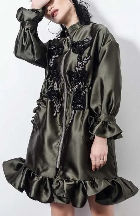 Bead-Embellished Embroidered Ruffled Satin Coat