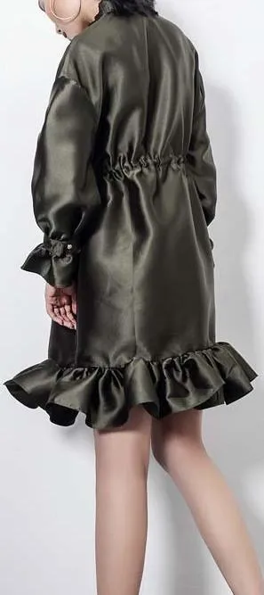 Bead-Embellished Embroidered Ruffled Satin Coat