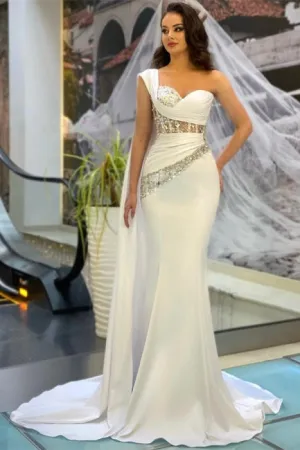 Beautiful Long White One Shoulder Sleeveless Mermaid Evening Dresses With Glitter