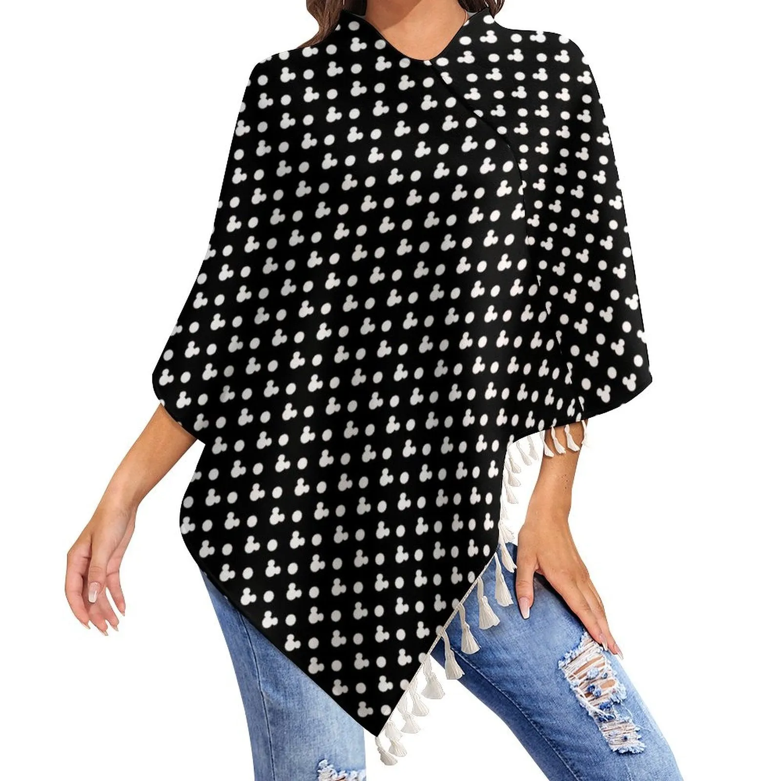 Black With White Mickey Polka Dots Tassel Cape