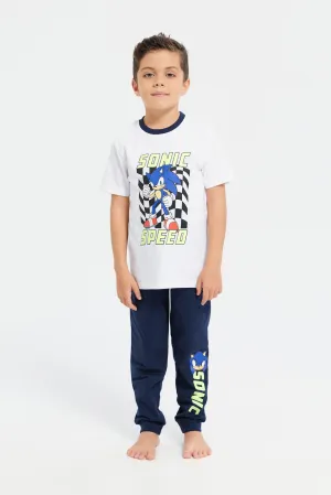 Boys White And Navy Sonic Print Pyjama Set (2 Piece)