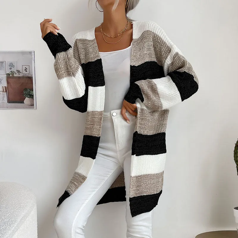 Buttonless Color-Block Knit Women's Wholesale Sweaters and Cardigans