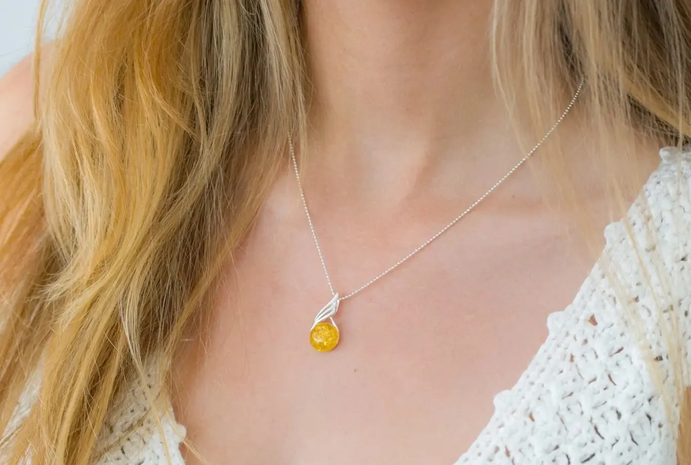 Citrus Amber Orb Pendant - Elegant Baltic Amber Necklace with Sterling Silver Chain