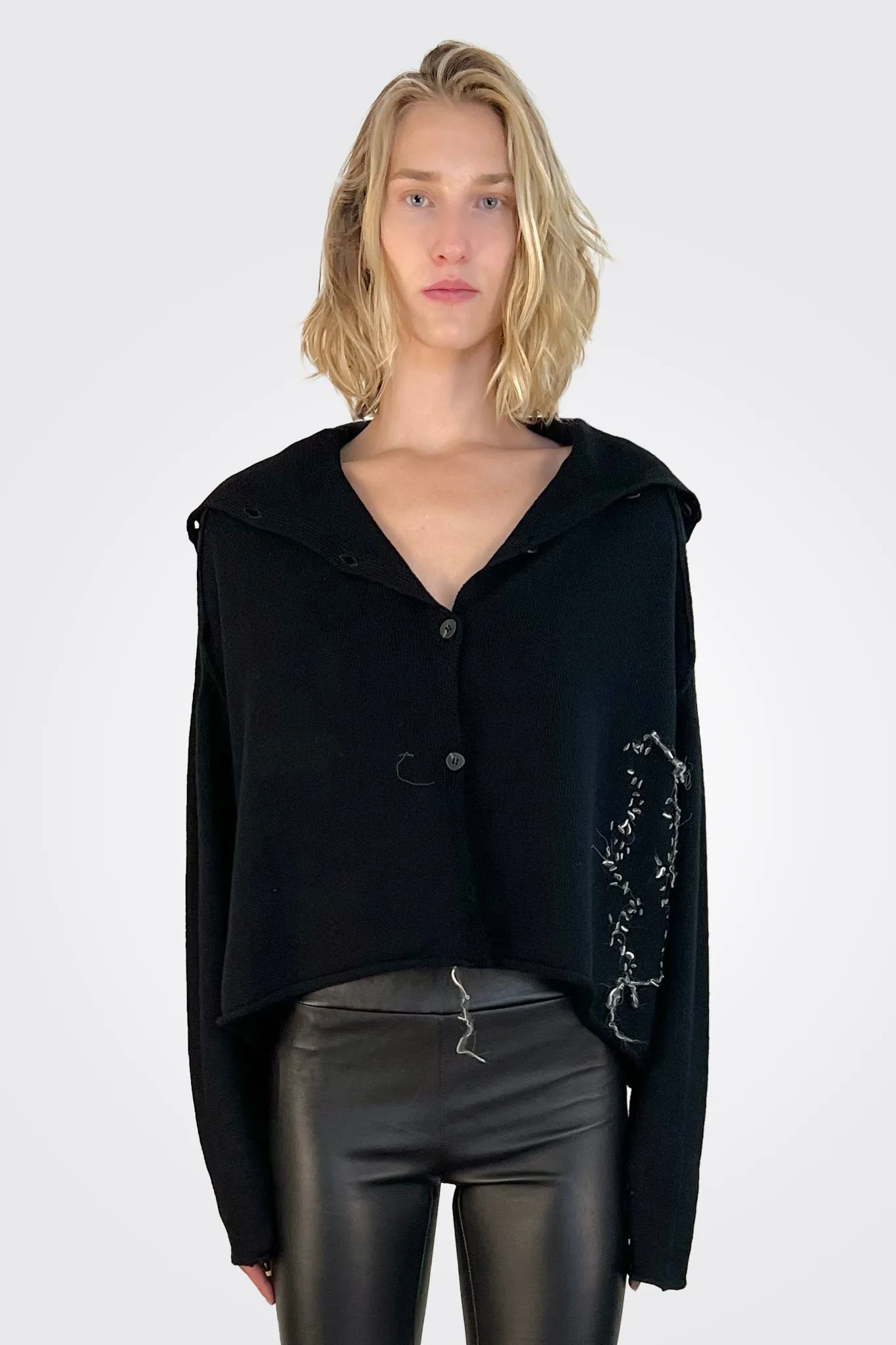 Cropped Stitched Cardigan - Black