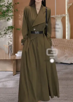 Elegant Green V Neck Waist Sashes Cotton Long Dresses Fall RF013