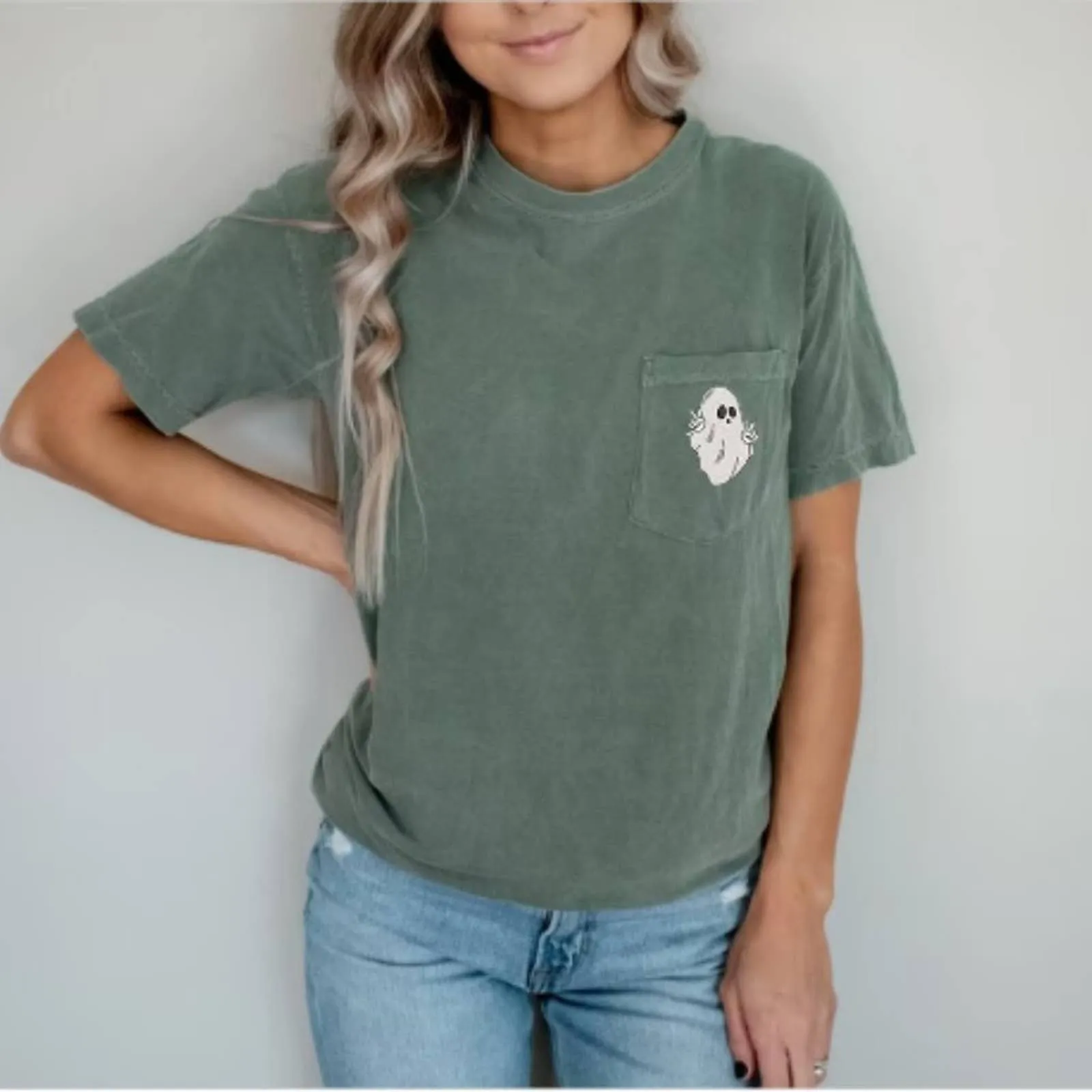 Embroidered Halloween Spooky Season Comfort Color Pocket T-shirts, Fall, Pumpkin T-shirts