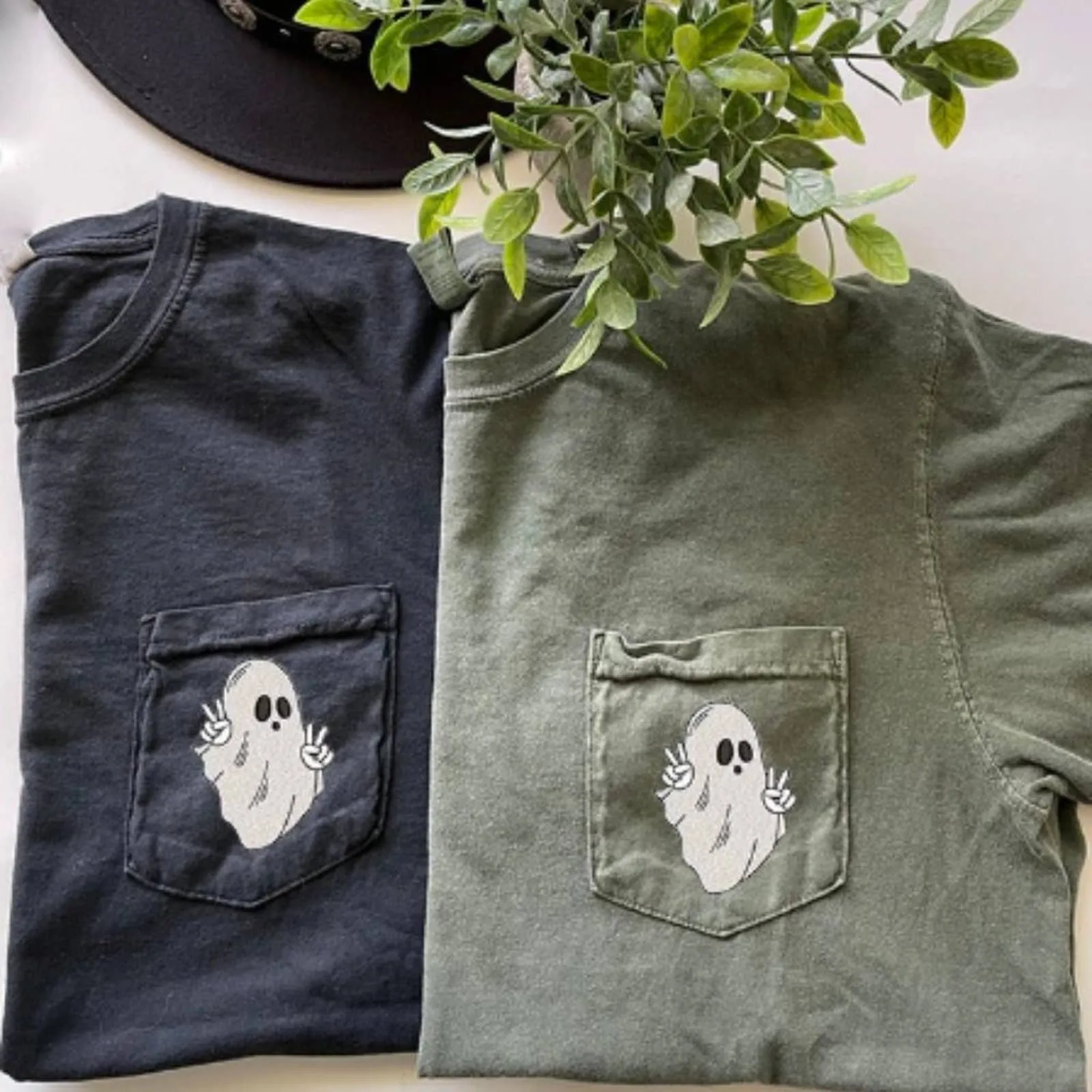 Embroidered Halloween Spooky Season Comfort Color Pocket T-shirts, Fall, Pumpkin T-shirts