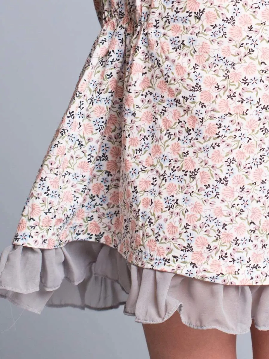 Floral 3/4 Sleeve Dress with Chiffon Ruffles