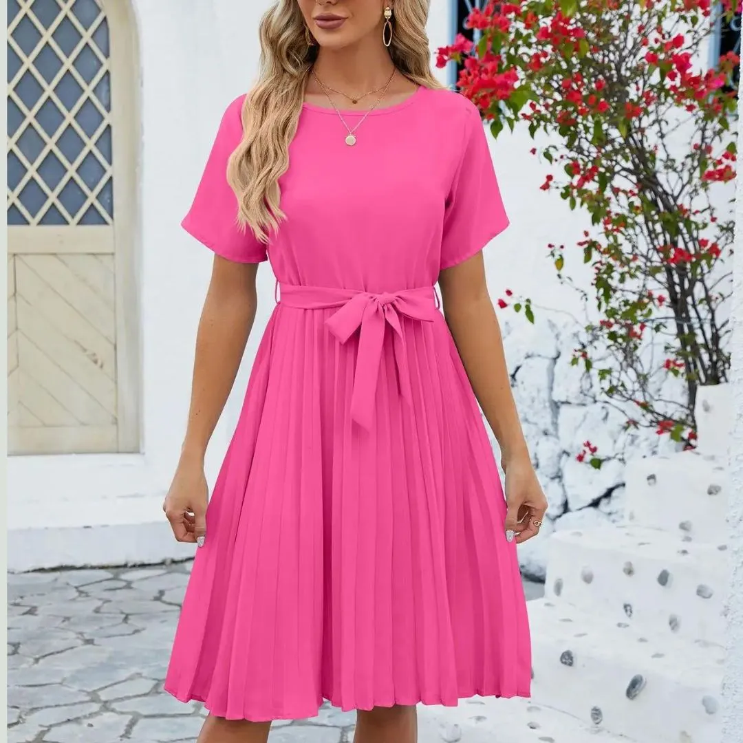 Genevieve - Classic Pleated Midi Dress with Waist Tie