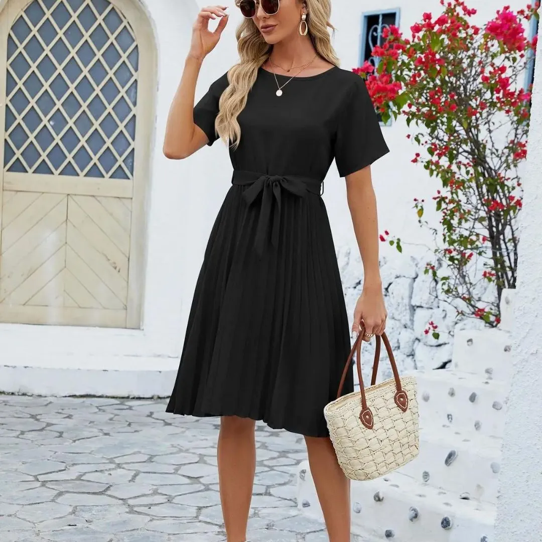 Genevieve - Classic Pleated Midi Dress with Waist Tie