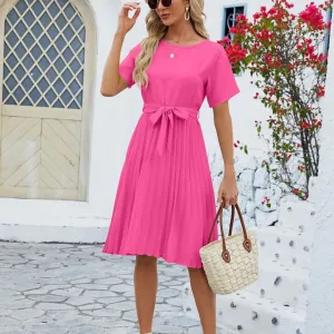 Genevieve - Classic Pleated Midi Dress with Waist Tie