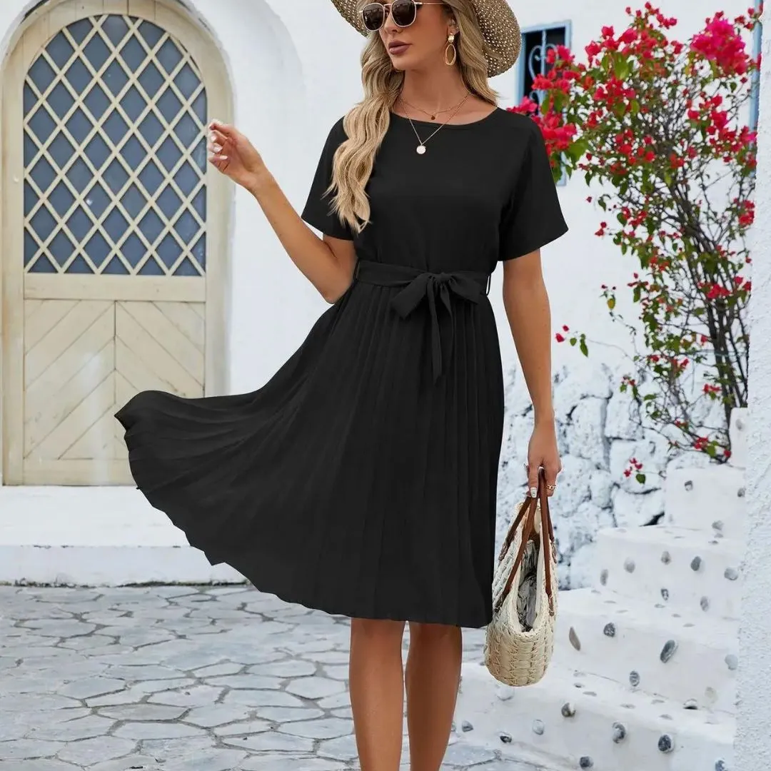 Genevieve - Classic Pleated Midi Dress with Waist Tie