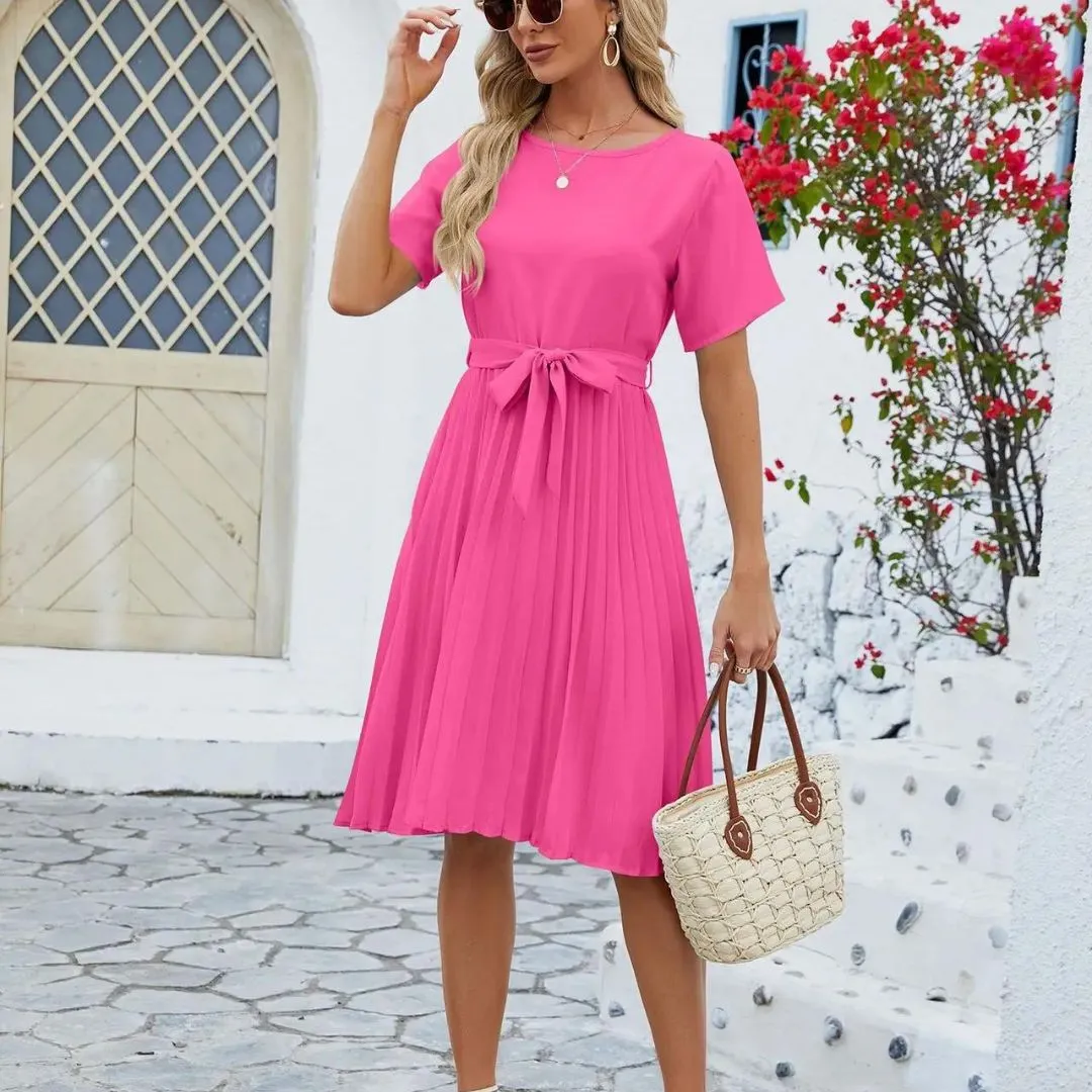 Genevieve - Classic Pleated Midi Dress with Waist Tie