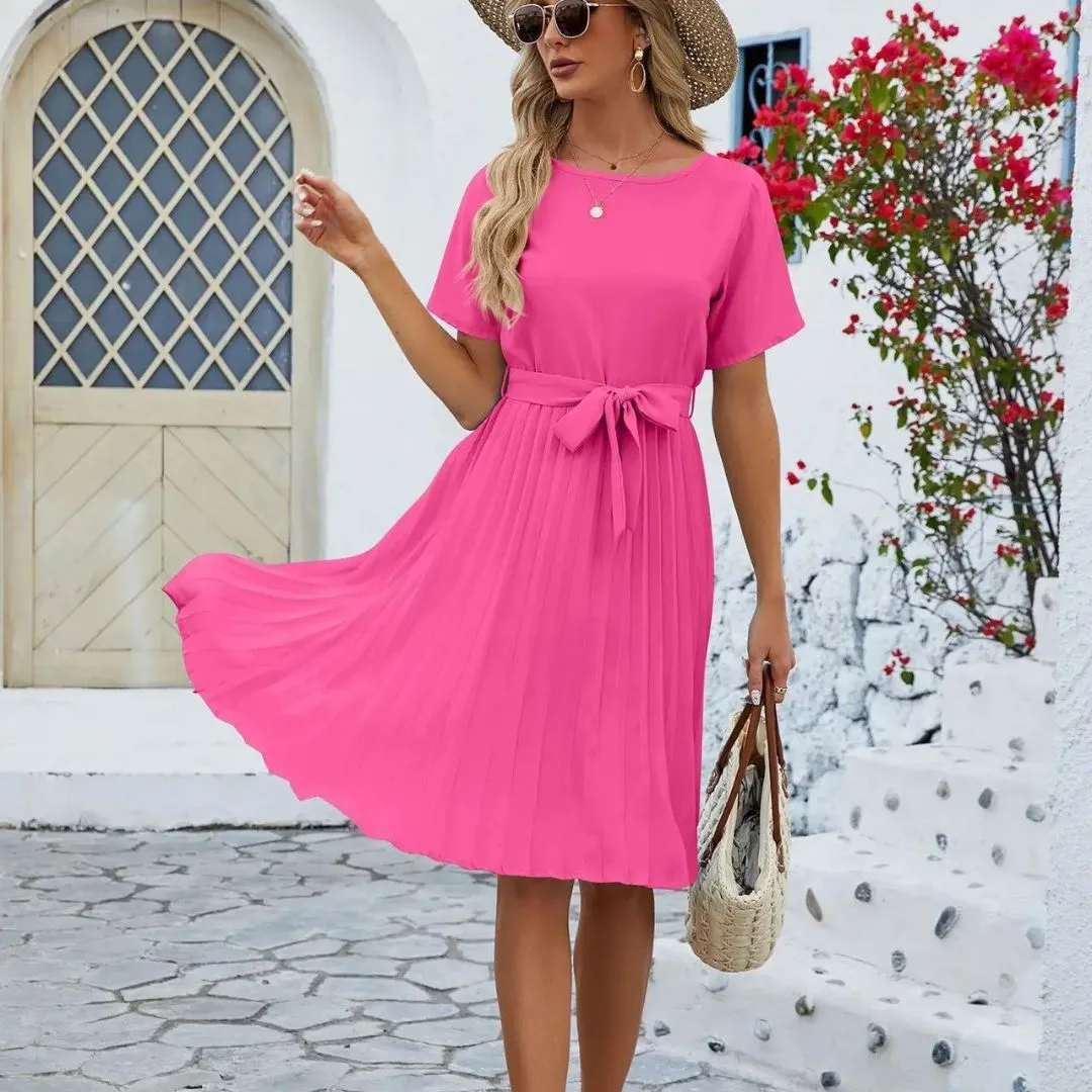 Genevieve - Classic Pleated Midi Dress with Waist Tie