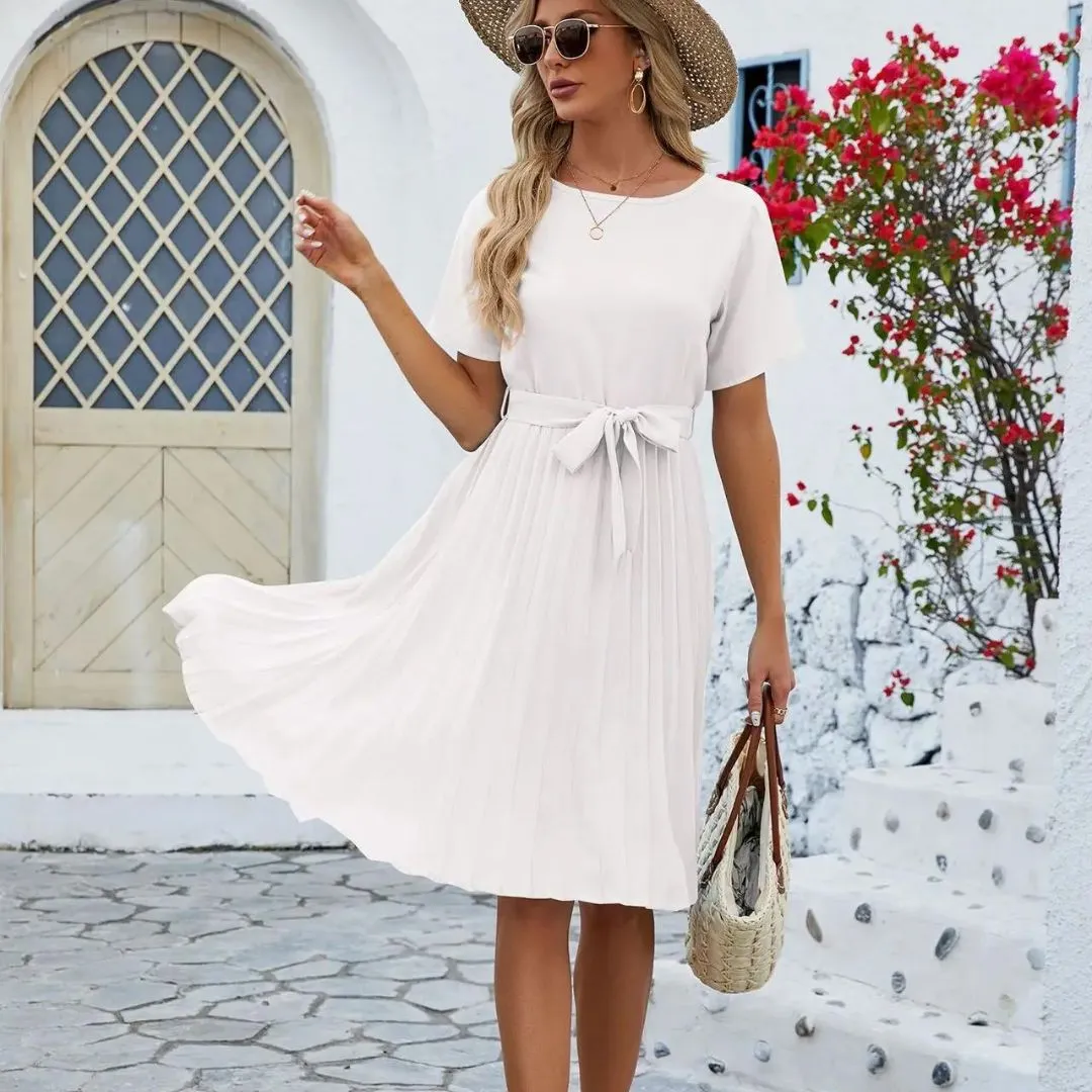 Genevieve - Classic Pleated Midi Dress with Waist Tie