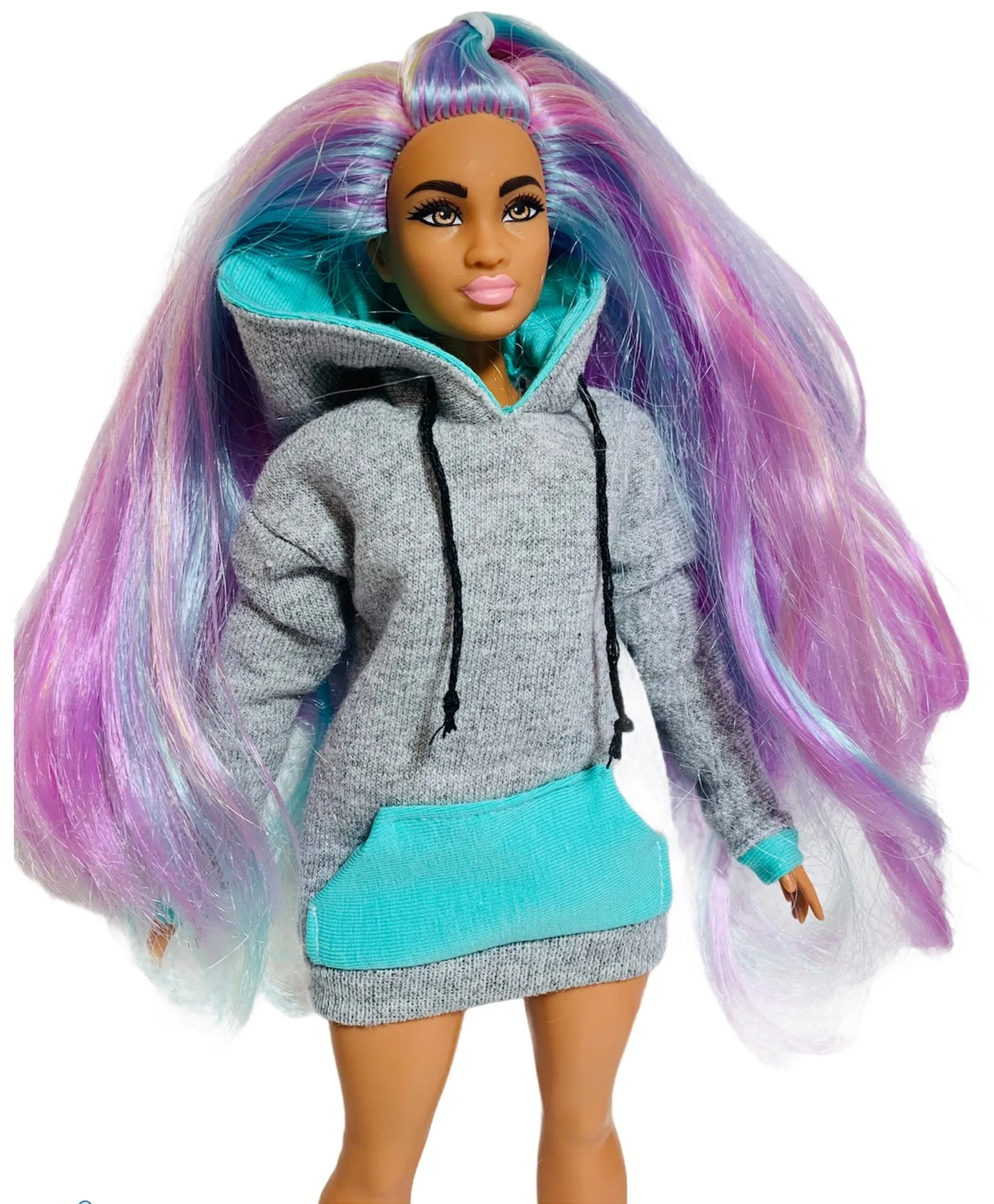 Gray Barbie doll hoodie turquoise pockets hoodie dress