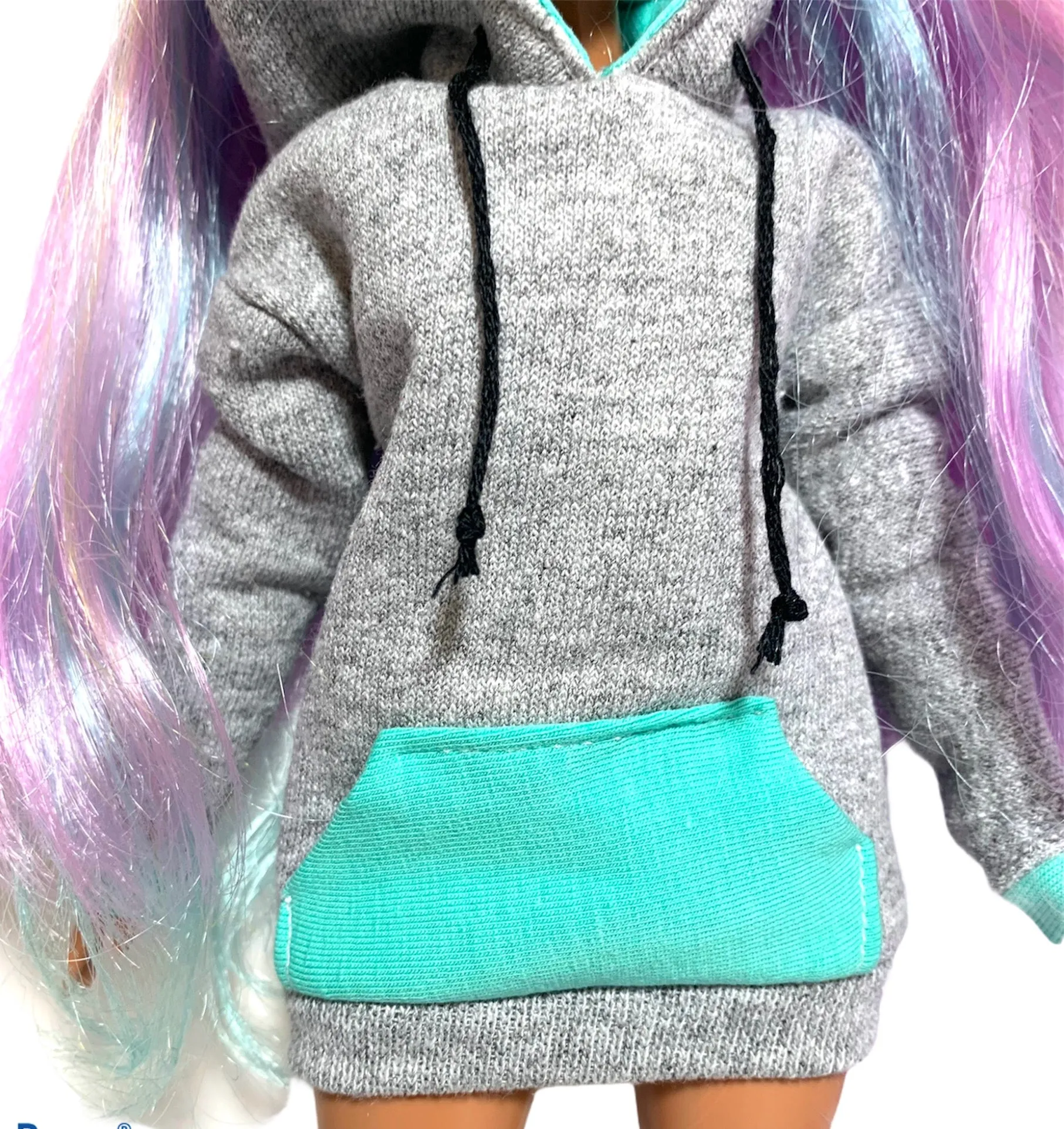 Gray Barbie doll hoodie turquoise pockets hoodie dress