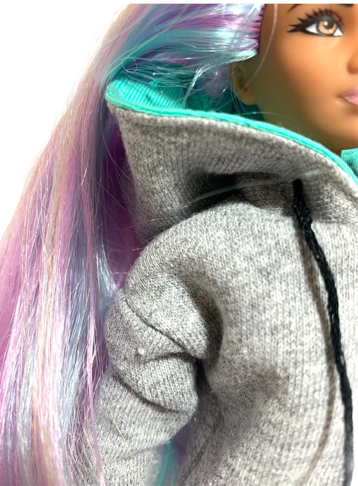 Gray Barbie doll hoodie turquoise pockets hoodie dress