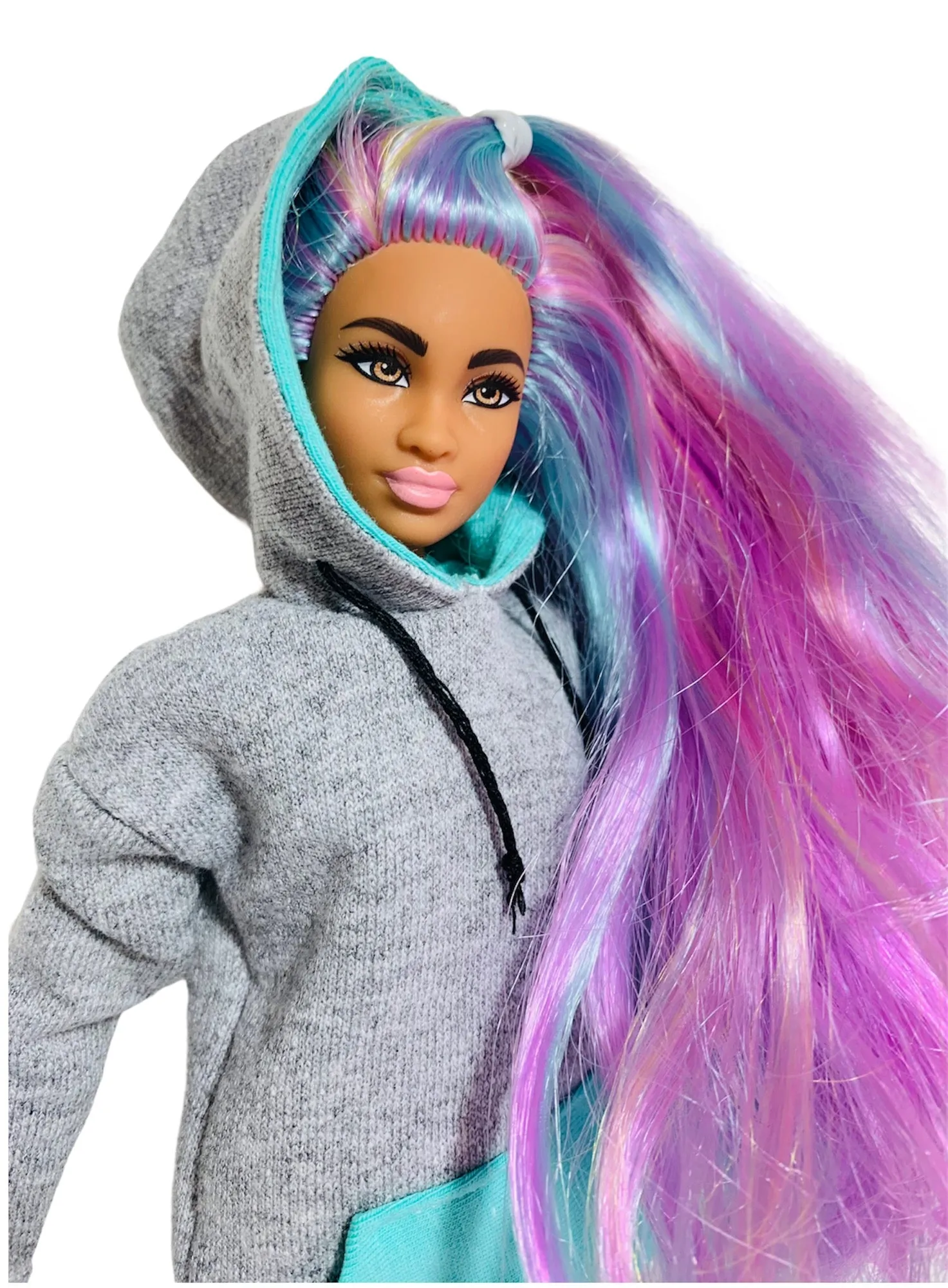 Gray Barbie doll hoodie turquoise pockets hoodie dress