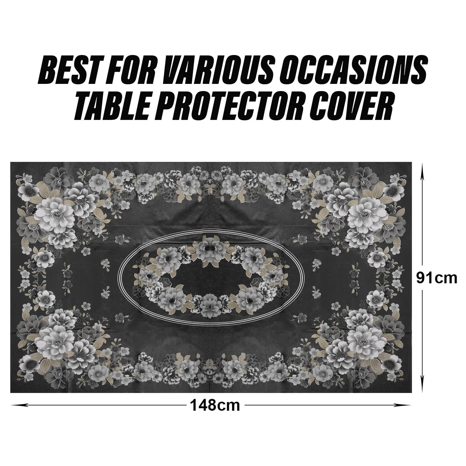 Heart Home Center Table Cover | Sigma PVC Flower Center Table Cover | Luxurious Table Protector Cover Without Lace | 40x60 Inch | Black