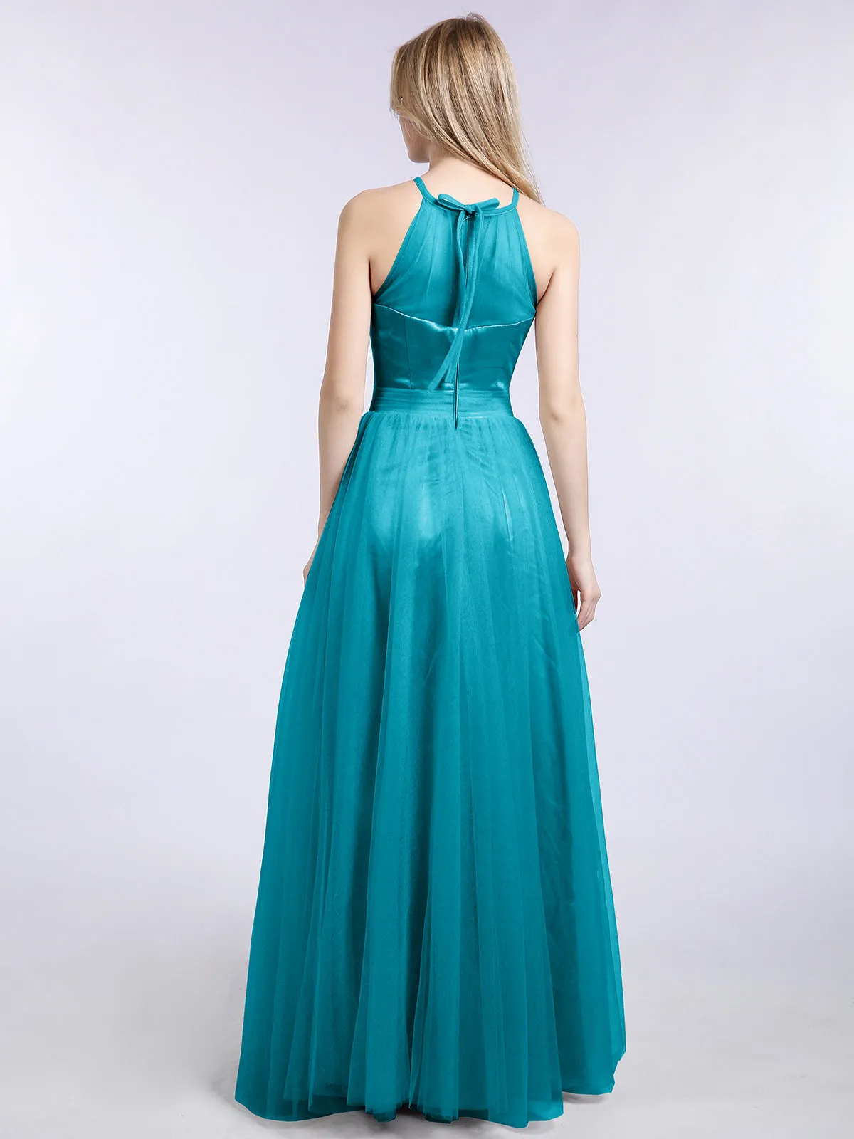 Illusion Neckline Long Tulle Dress-Jade