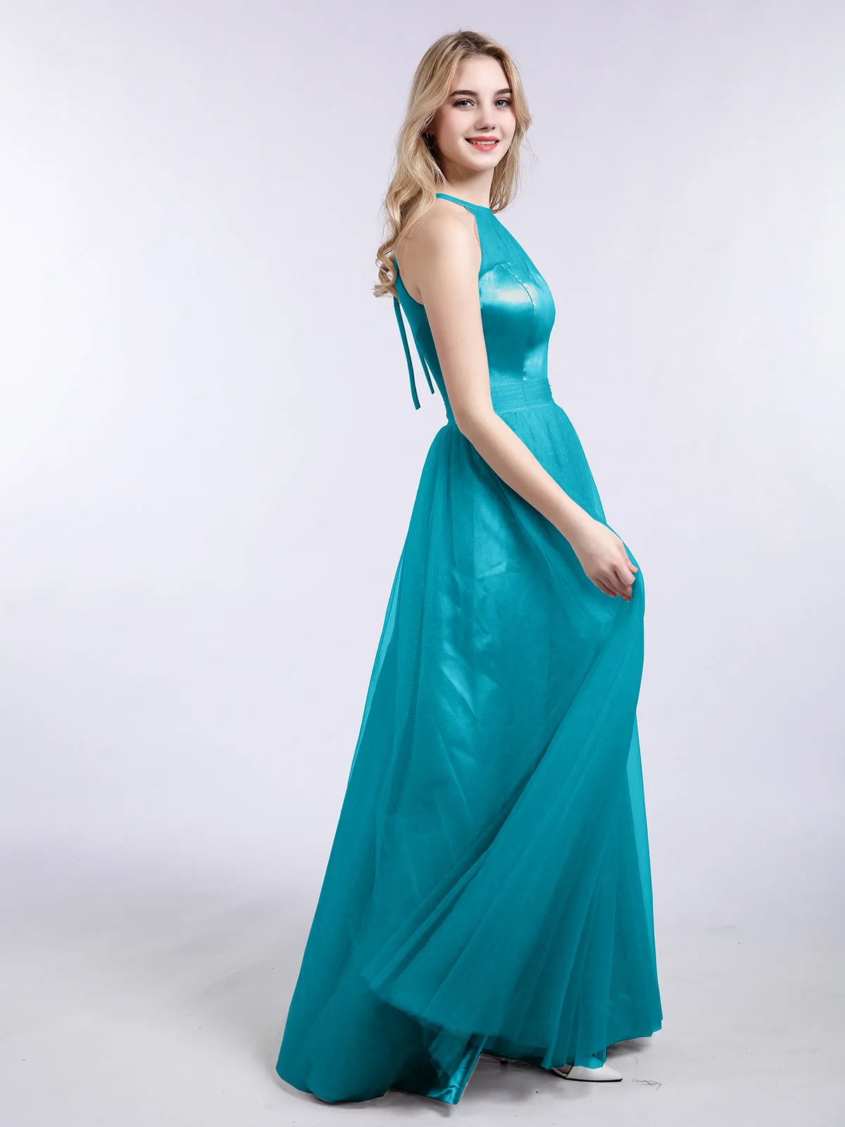 Illusion Neckline Long Tulle Dress-Jade