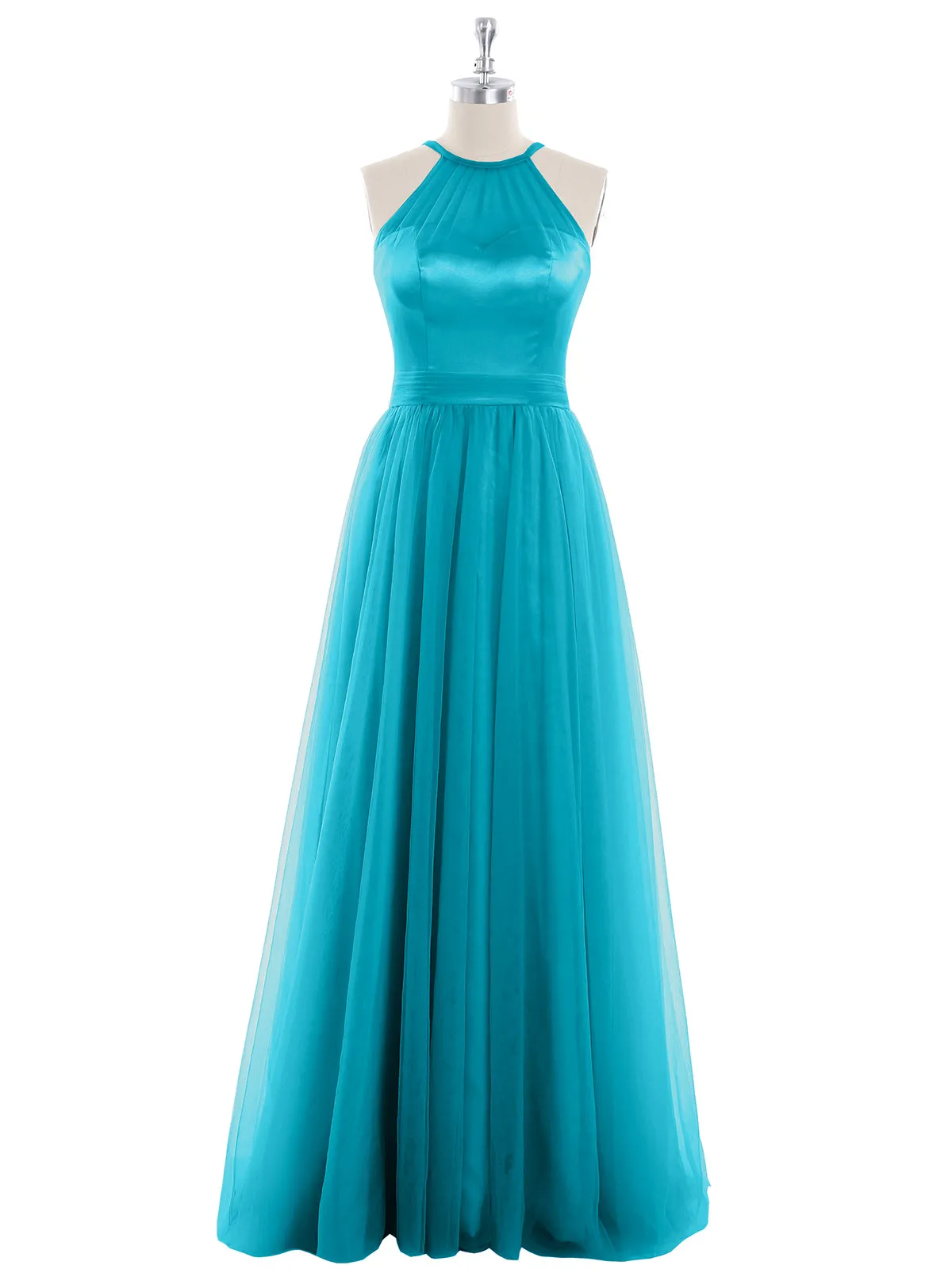 Illusion Neckline Long Tulle Dress-Jade