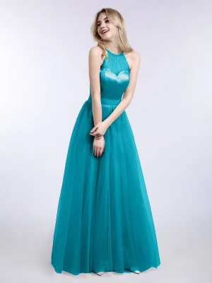 Illusion Neckline Long Tulle Dress-Jade