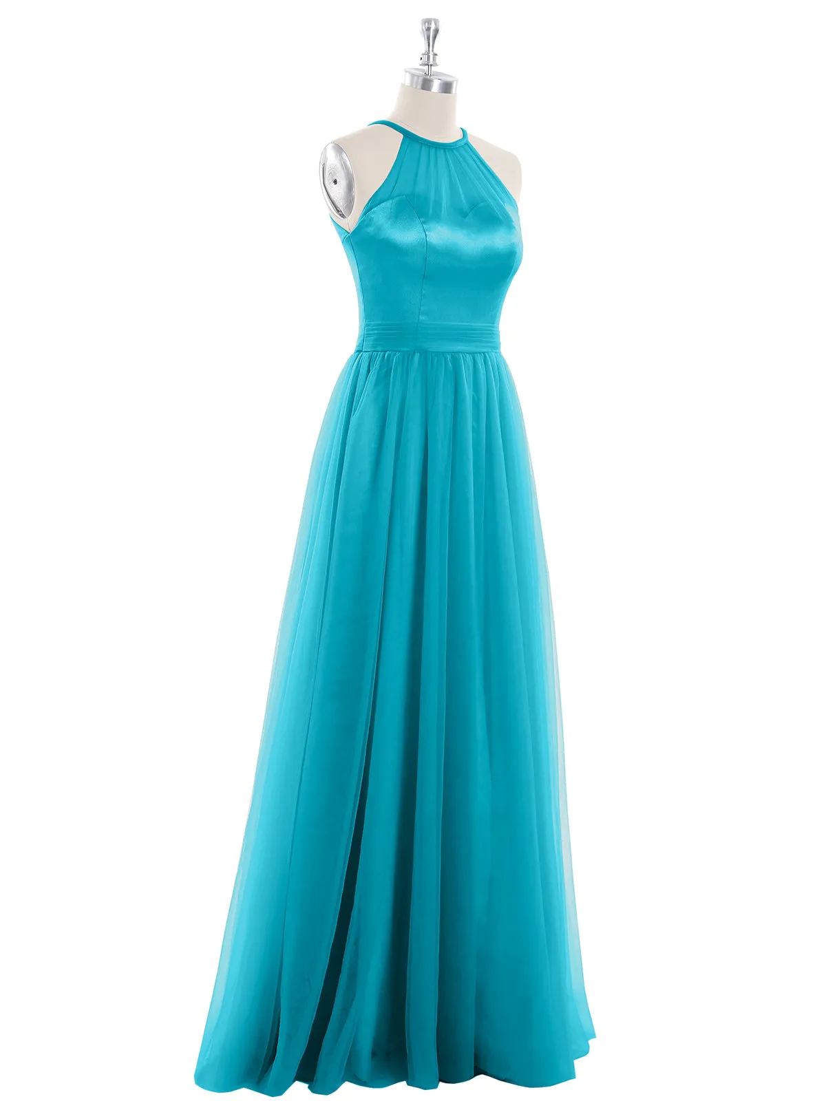 Illusion Neckline Long Tulle Dress-Jade