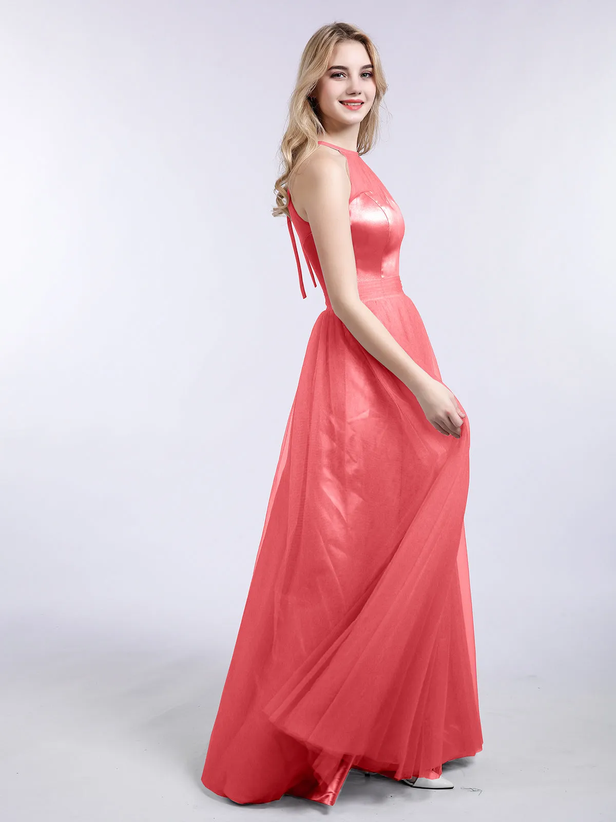 Illusion Neckline Long Tulle Dress-Watermelon Plus Size