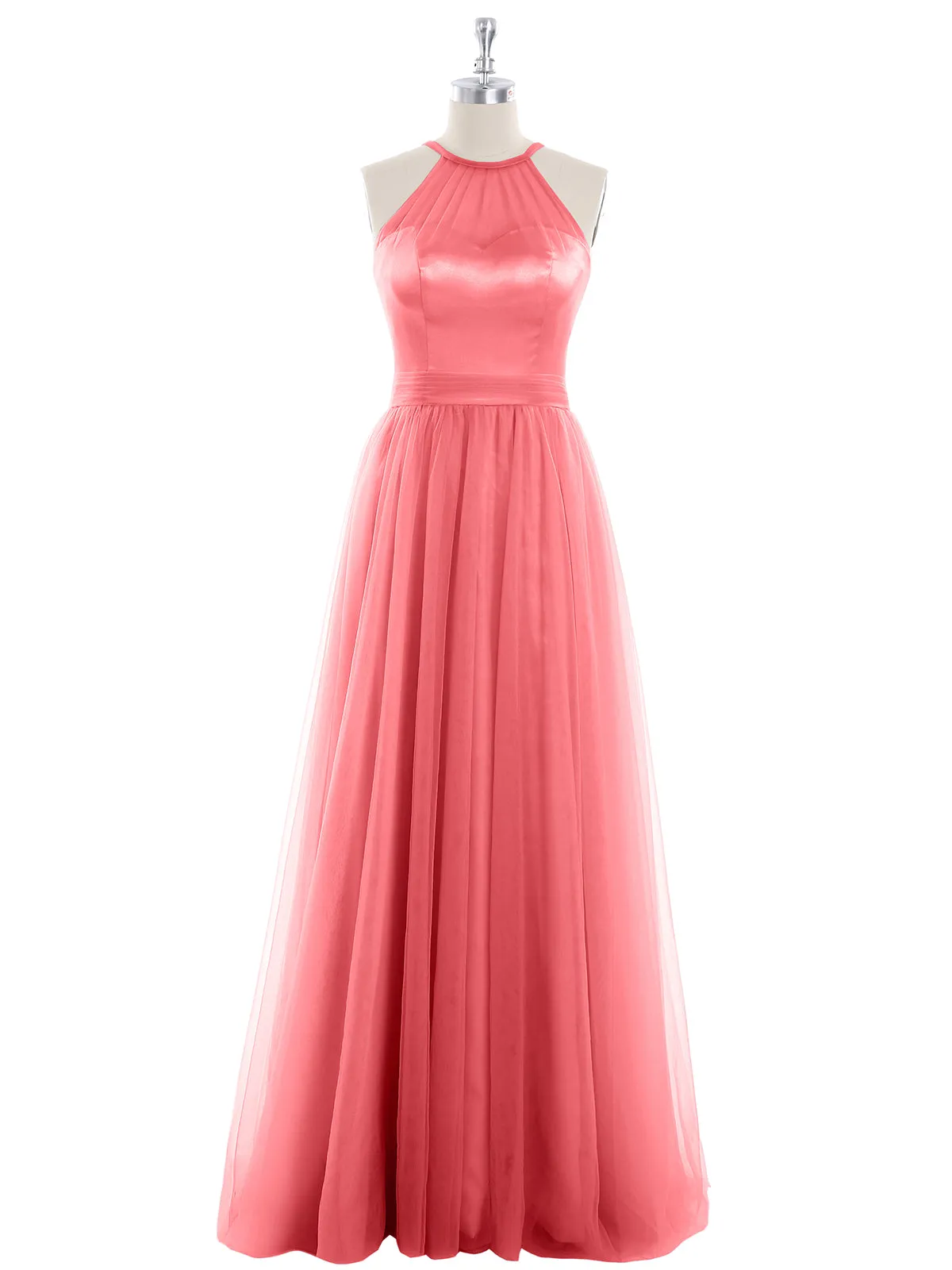 Illusion Neckline Long Tulle Dress-Watermelon Plus Size