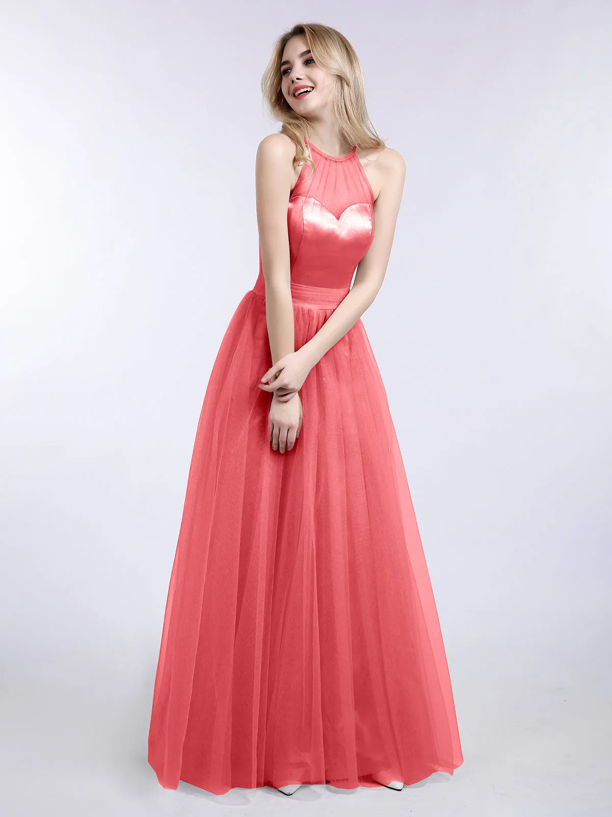 Illusion Neckline Long Tulle Dress-Watermelon Plus Size