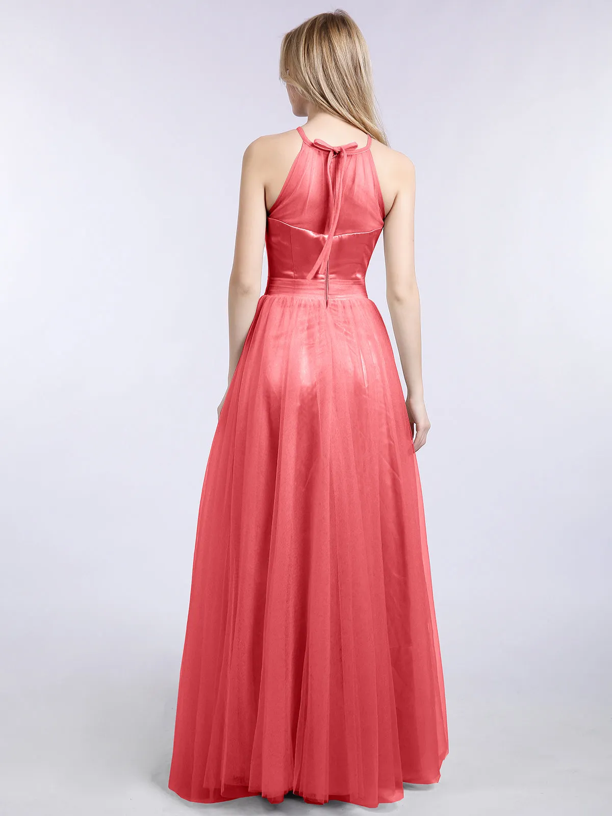 Illusion Neckline Long Tulle Dress-Watermelon Plus Size