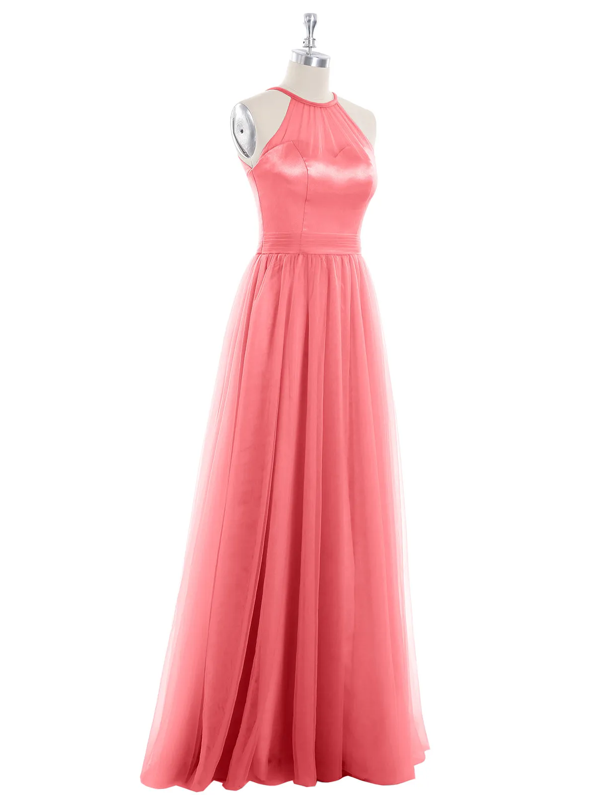 Illusion Neckline Long Tulle Dress-Watermelon Plus Size