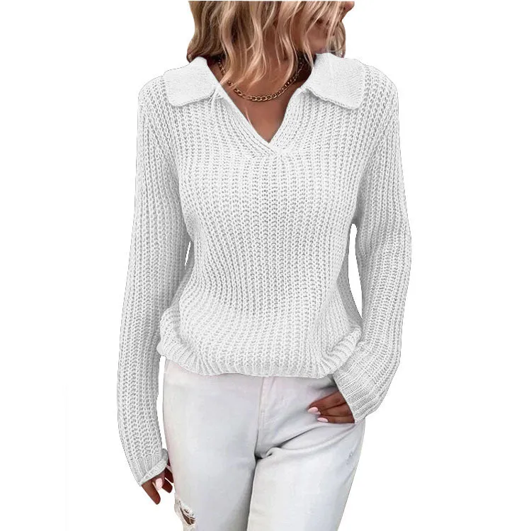 Lapel Solid Color Slim Fit Knit Crew Neck Sweater Wholesale Womens Tops