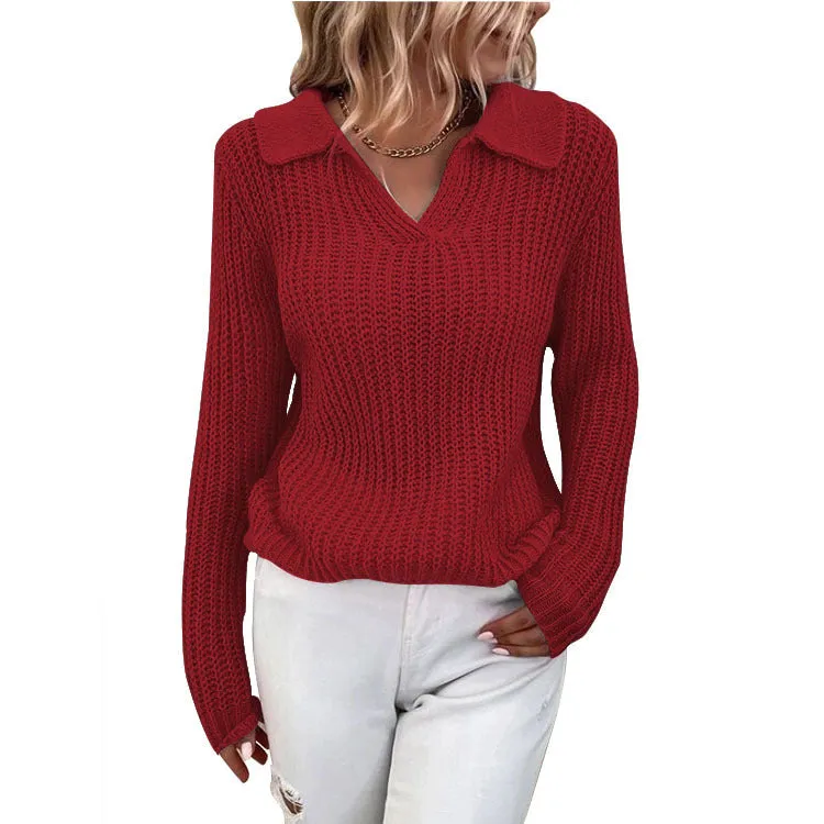 Lapel Solid Color Slim Fit Knit Crew Neck Sweater Wholesale Womens Tops