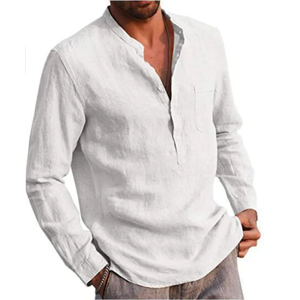 Long Sleeve Henley Pure Cotton Linen Shirts - Casual Summer Beach Style