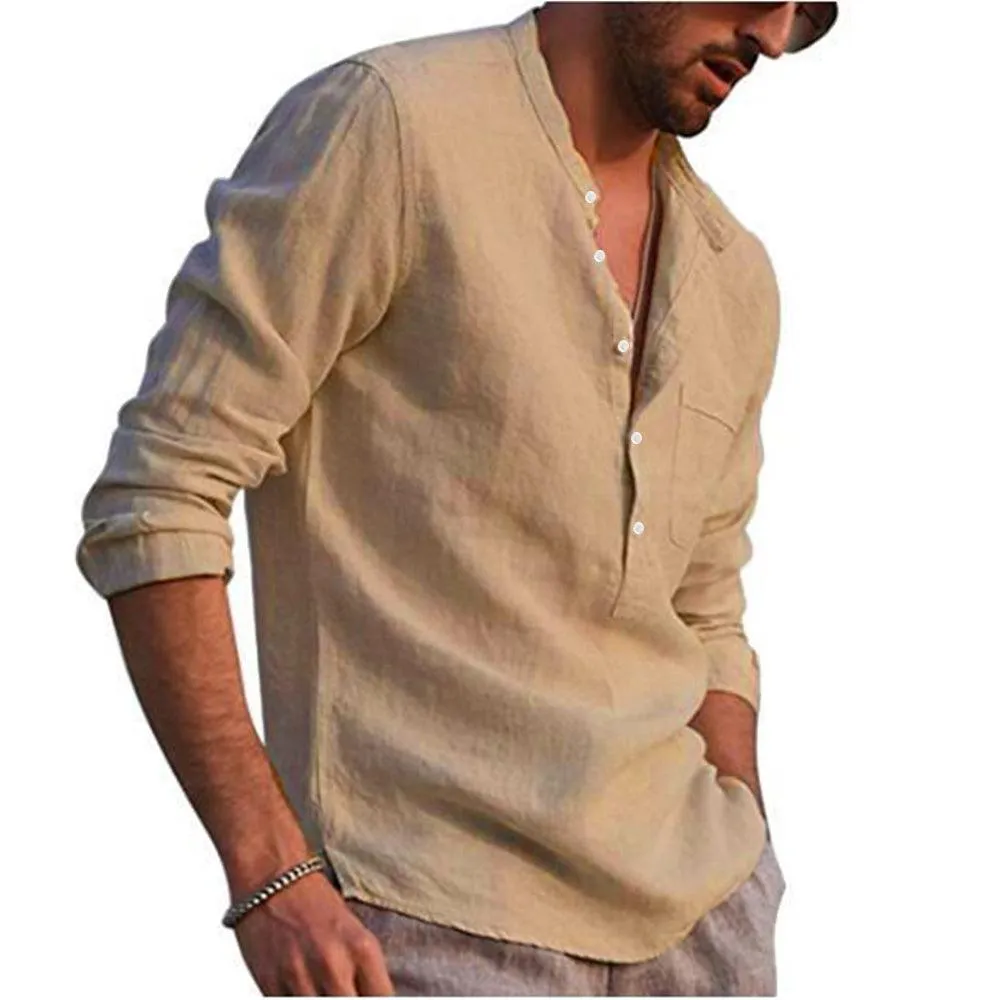 Long Sleeve Henley Pure Cotton Linen Shirts - Casual Summer Beach Style